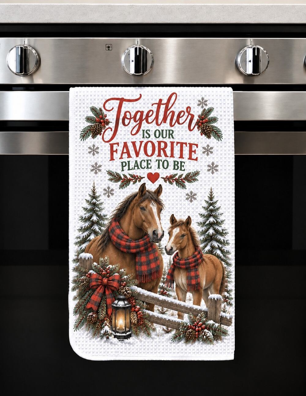 Together Is Our Favorite Place Christmas Horse Kitchen Towel